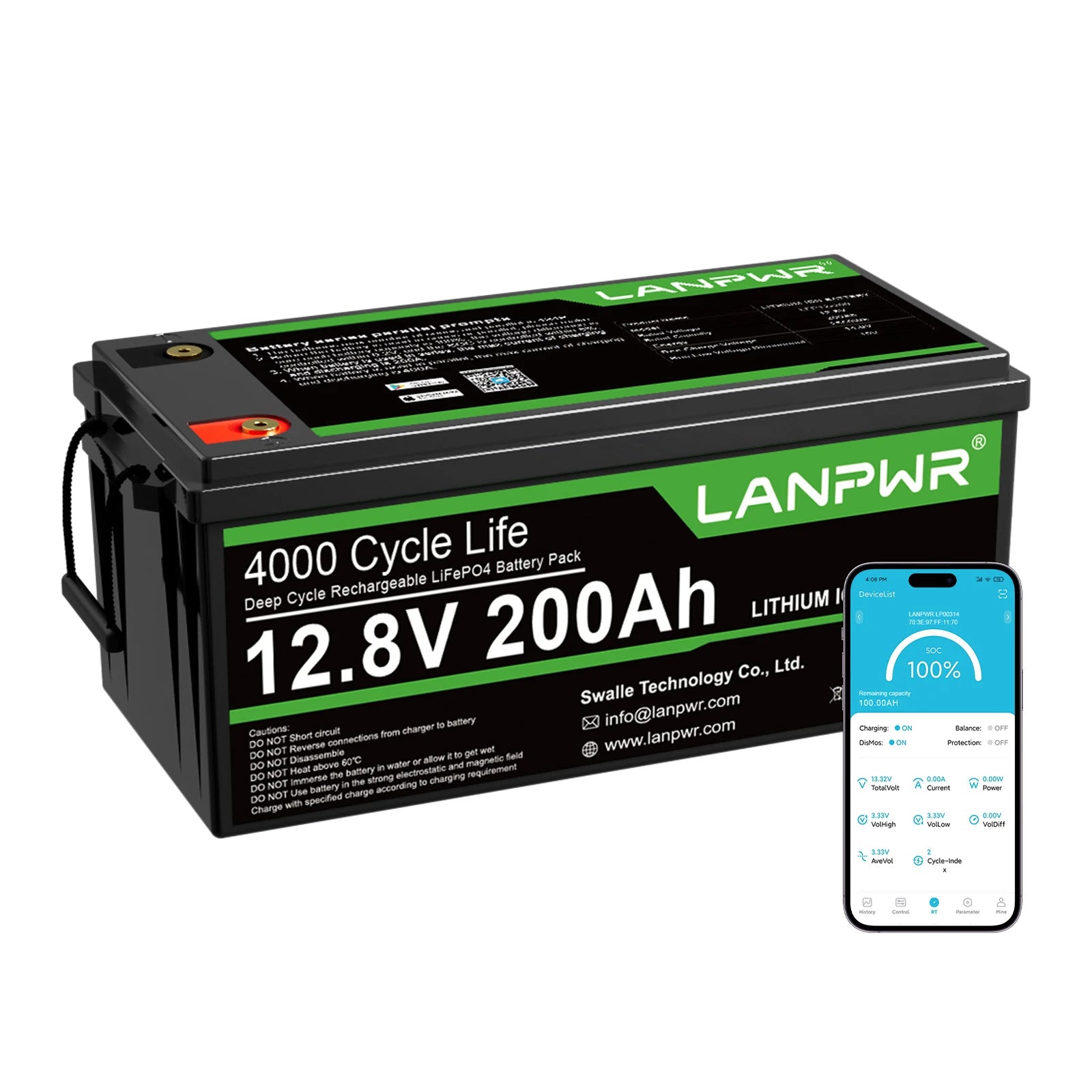 LANPWR lithium battery with smartphone app display on a white background