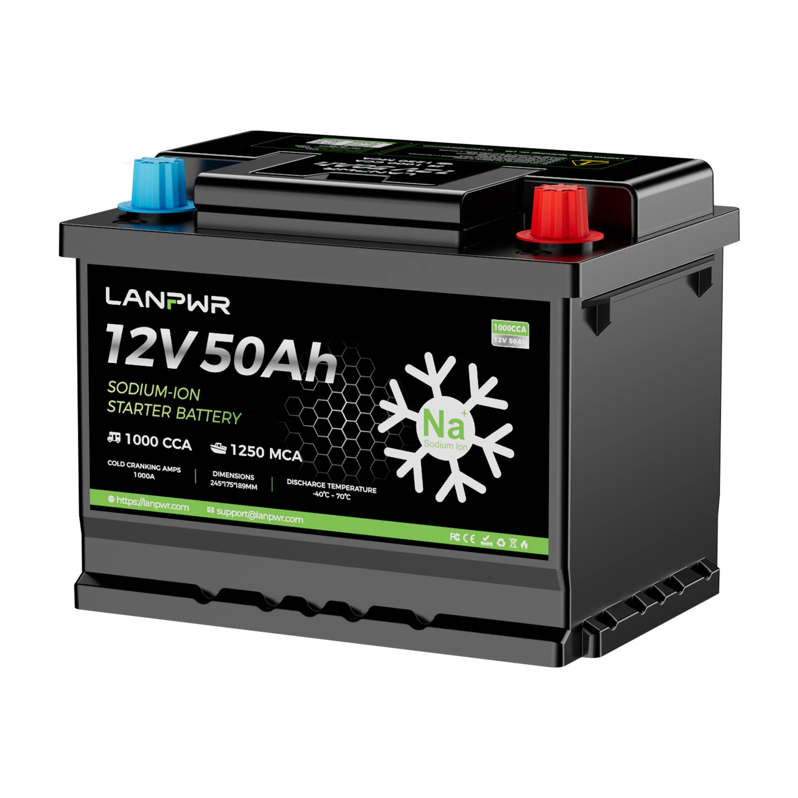 LANPWR 12V 50Ah 1000CCA Sodium-Ion Starter Battery for Cars and Boats | Reliable Power with Reduced Output at -40°C