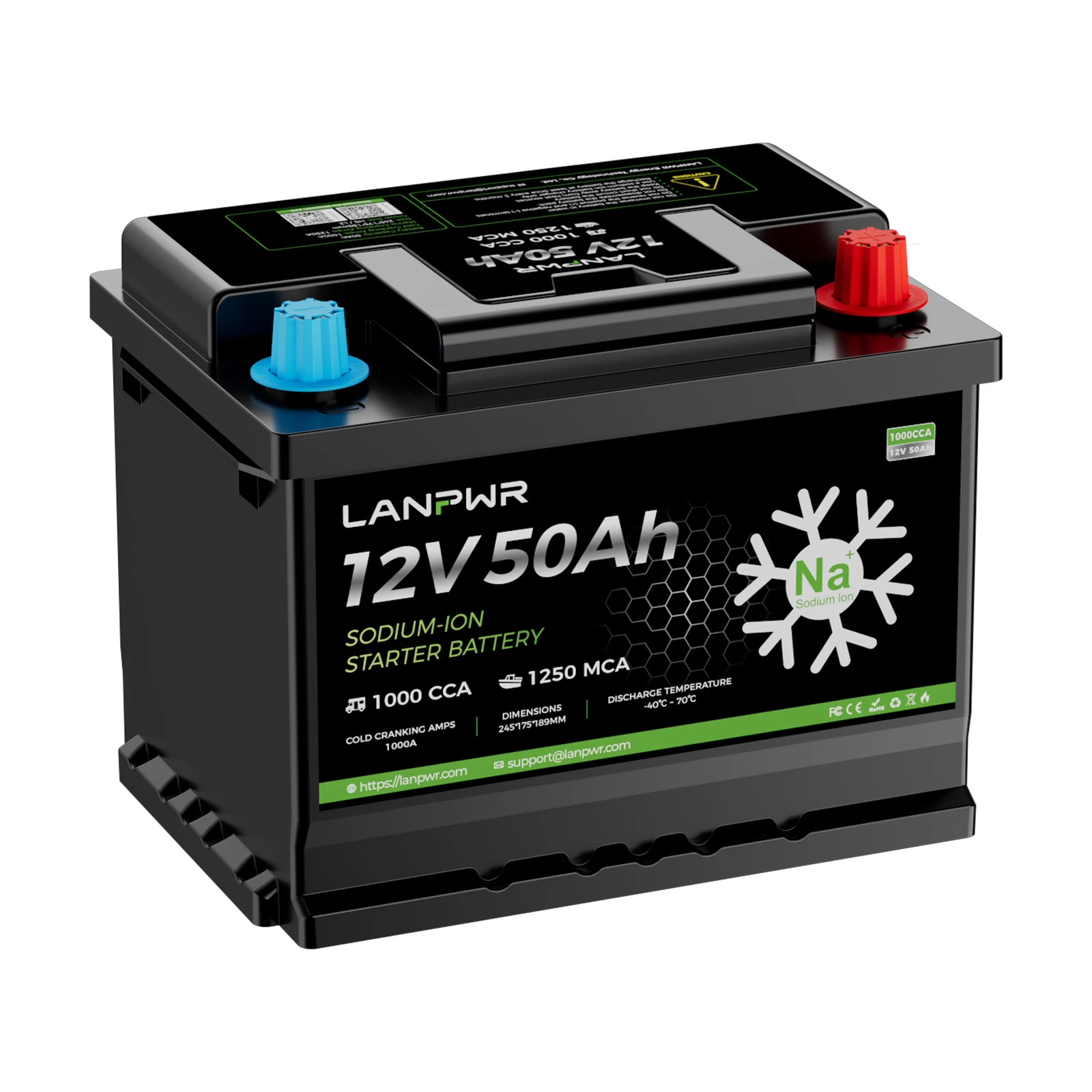 LANPWR 12V 50Ah 1000CCA Sodium-Ion Starter Battery for Cars and Boats | Reliable Power with Reduced Output at -40°C