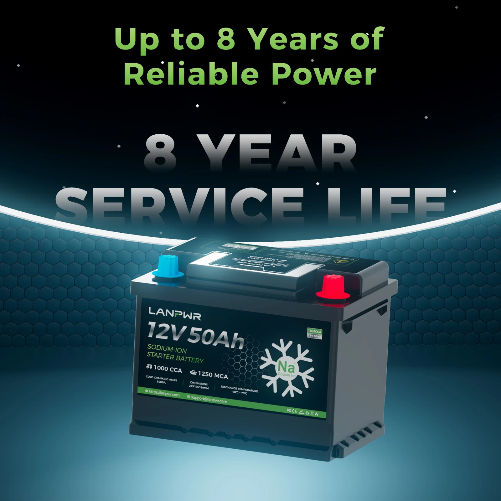 LANPWR 12V 50Ah 1000CCA Sodium-Ion Starter Battery for Cars and Boats | Reliable Power with Reduced Output at -40°C