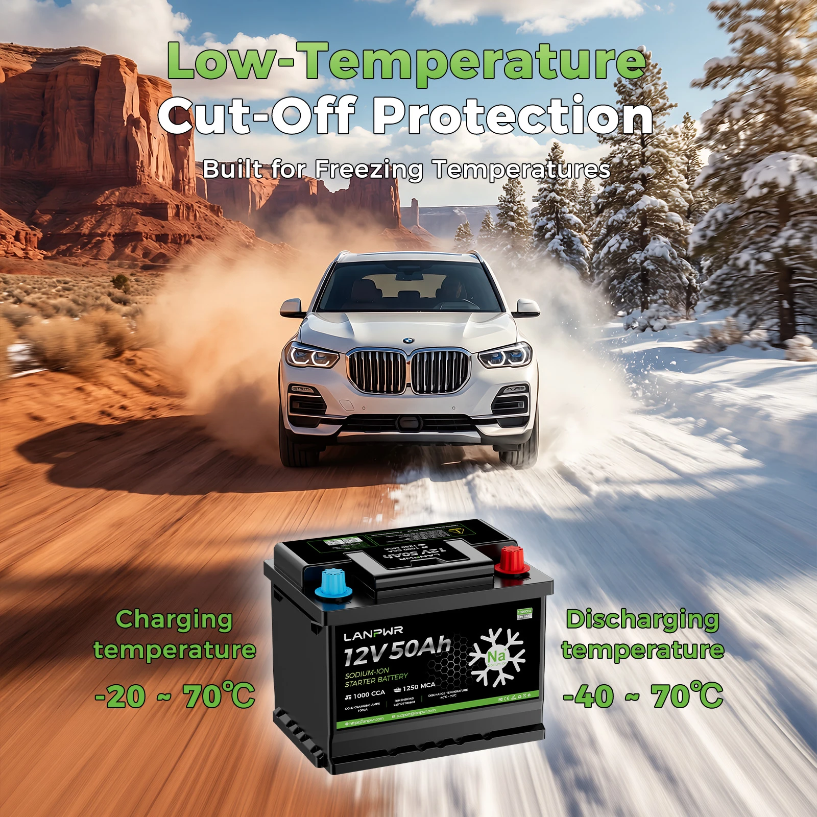 LANPWR 12V 50Ah 1000CCA Sodium-Ion Starter Battery for Cars and Boats | Reliable Power with Reduced Output at -40°C