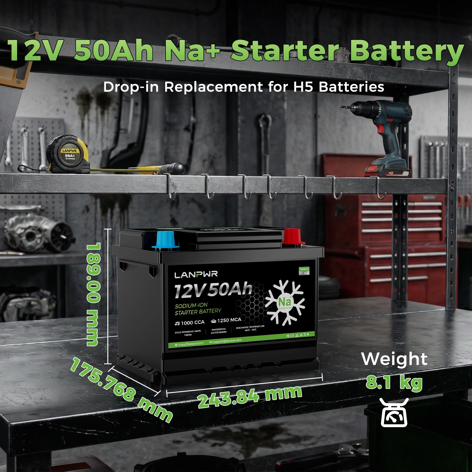 LANPWR 12V 50Ah 1000CCA Sodium-Ion Starter Battery for Cars and Boats | Reliable Power with Reduced Output at -40°C