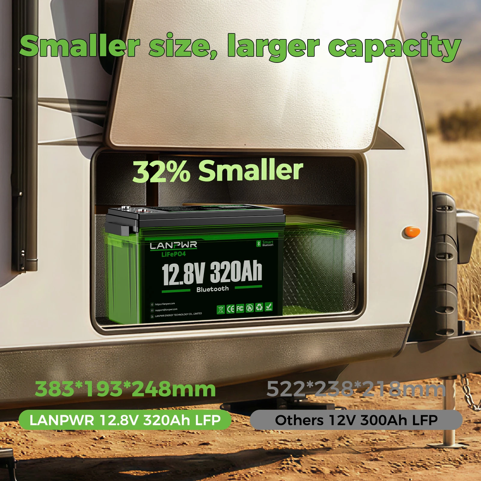 LANPWR 12V 320Ah LiFePO4 Bluetooth Battery for Motorhomes, Campervans & Marine Use