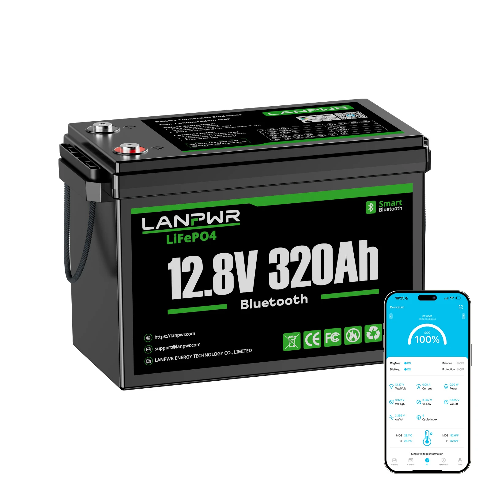 LANPWR 12V 320Ah LiFePO4 Bluetooth Battery for Motorhomes, Campervans & Marine Use