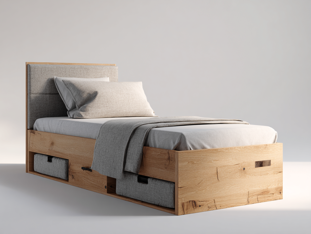 Single Bed - Solid Wood Upholstered - 190x90x100 cm - Brown-Grey - Modern Storage Design-Cozygetbase