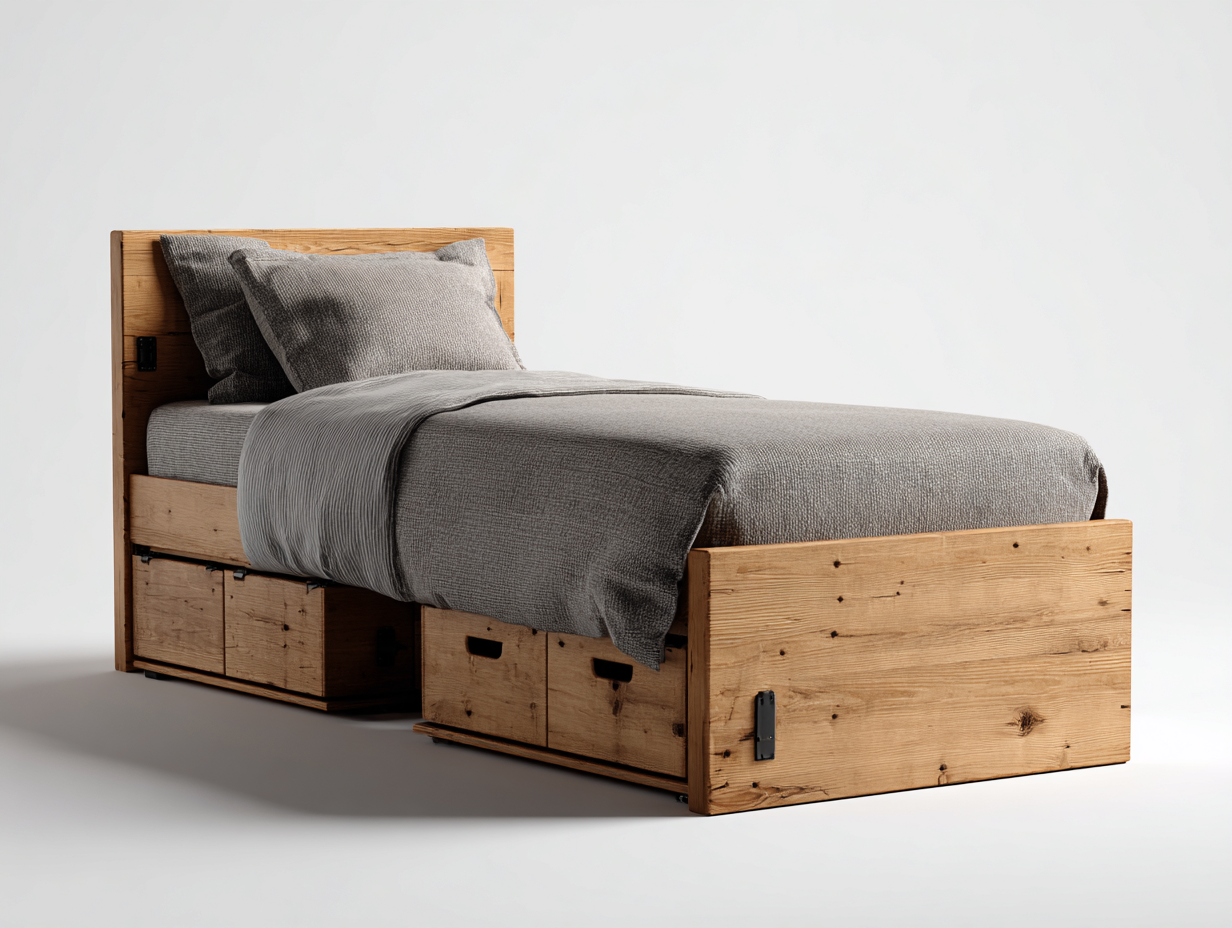 Single Bed solid wood frame 200x100x90 cm - natural wood - storage design-Cozygetbase