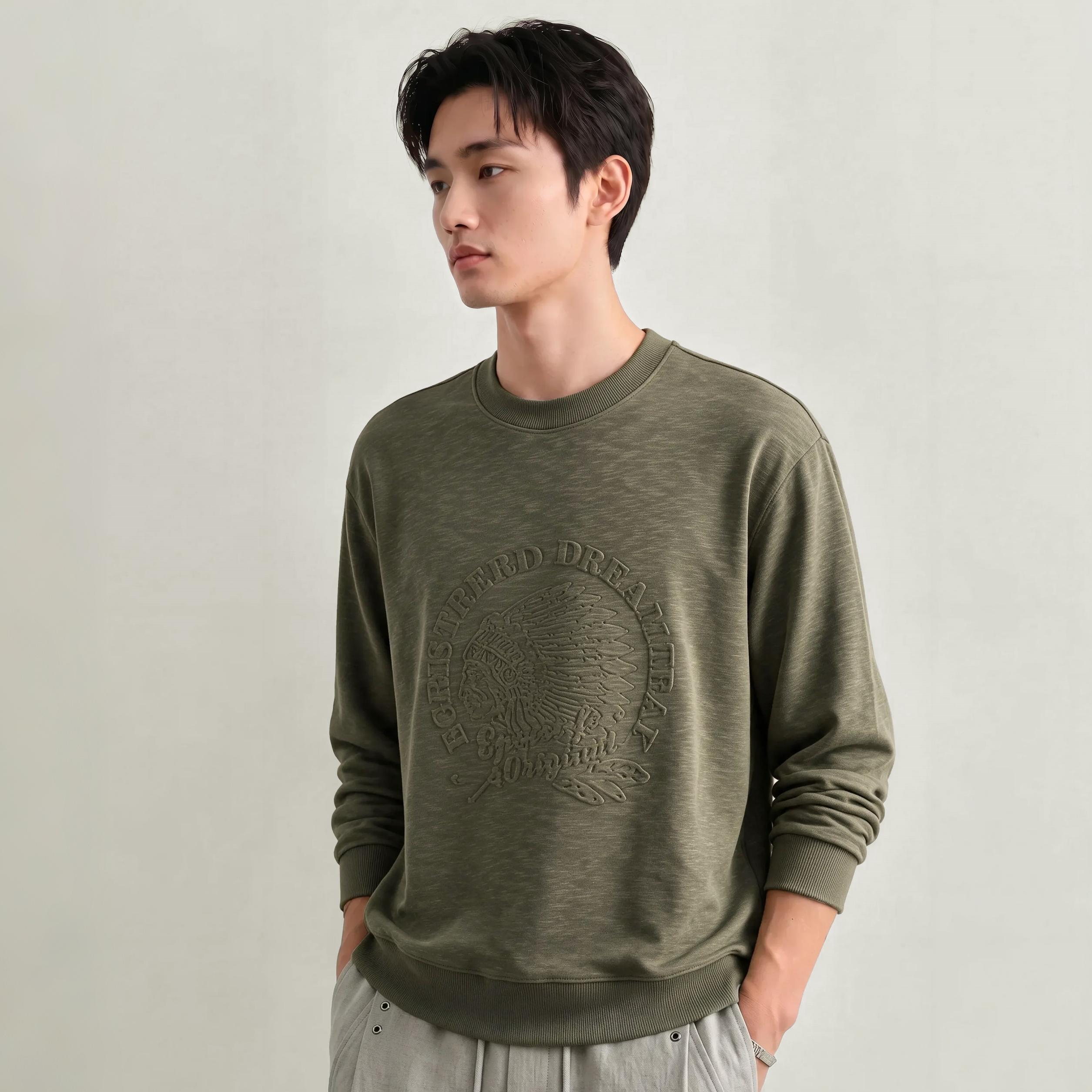 復古重磅壓印浮雕竹節衛衣男秋季寬鬆休閒美式上衣