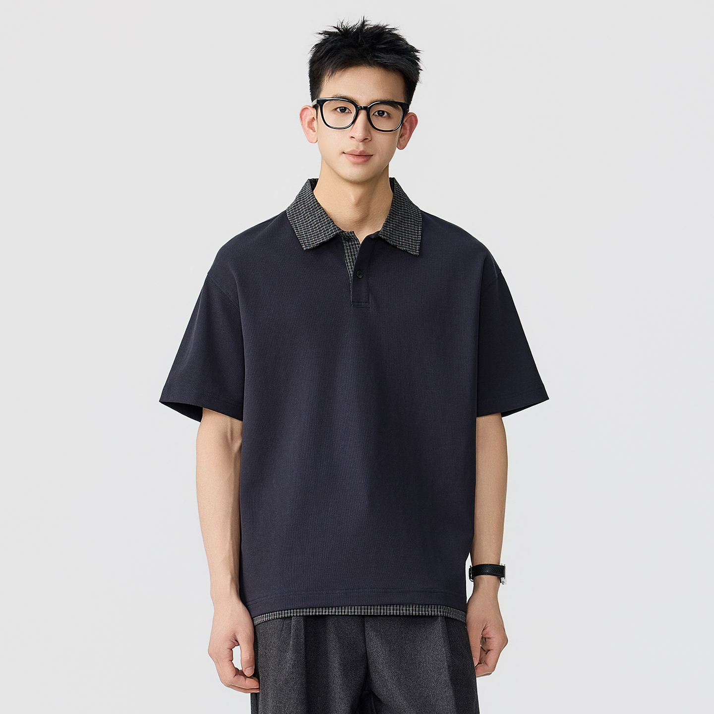 夏季新品格紋撞色POLO領短袖T恤假兩件時尚英倫風休閒寬鬆上衣潮