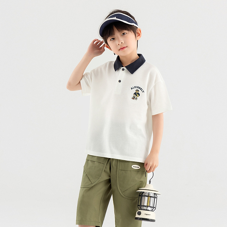 兒童夏季小熊刺繡休閒POLO衫男童短袖T恤中大童學院上衣