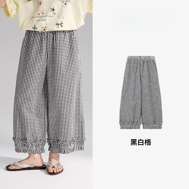 女童褲子2026夏季新款黑白格紋直筒褲全棉花邊休閒褲
