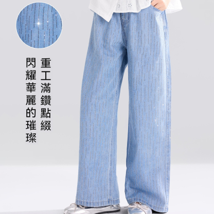 女童牛仔褲夏季薄款兒童流星燙鑽直筒褲2026新款大童夏裝褲子