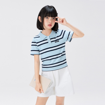 女童條紋短袖t恤兒童polo針織衫2026新款女大童凉感冰絲T