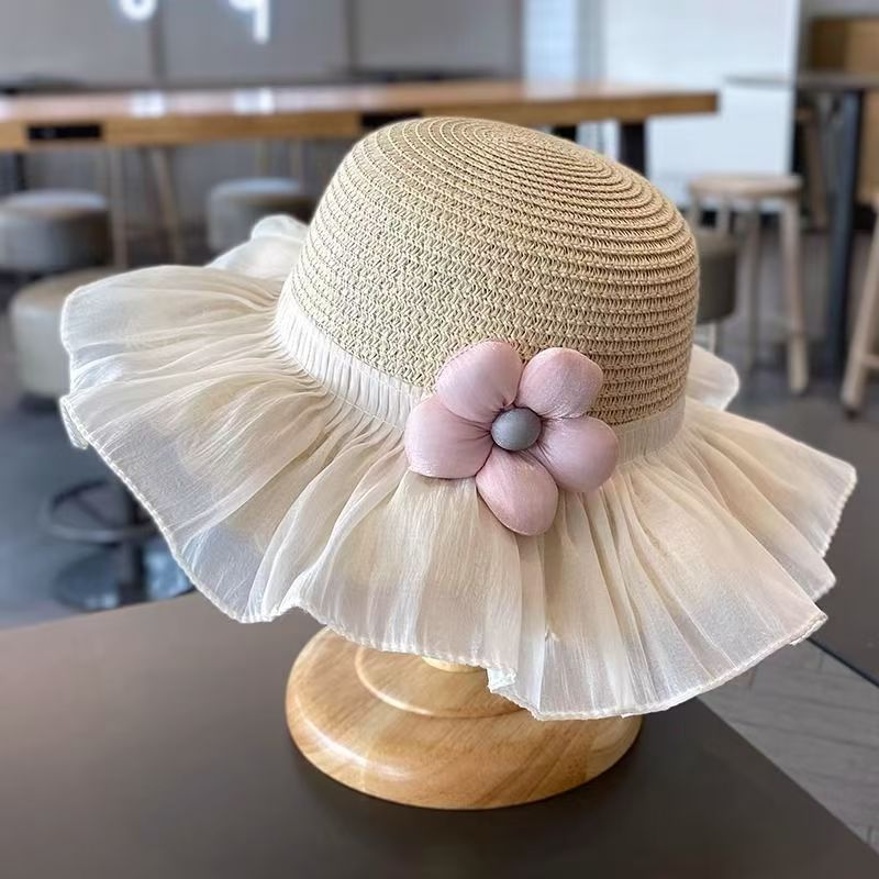 夏季可愛兒童戶外遮陽草帽紐扣花裝潢帽子可折疊編織透氣太陽帽