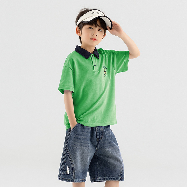 兒童夏季小熊刺繡休閒POLO衫男童短袖T恤中大童學院上衣