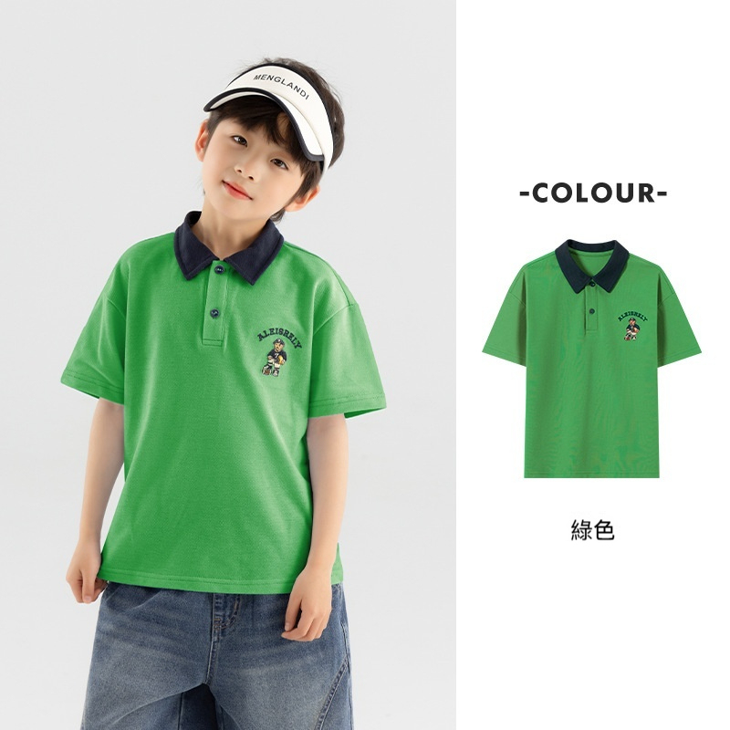 兒童夏季小熊刺繡休閒POLO衫男童短袖T恤中大童學院上衣