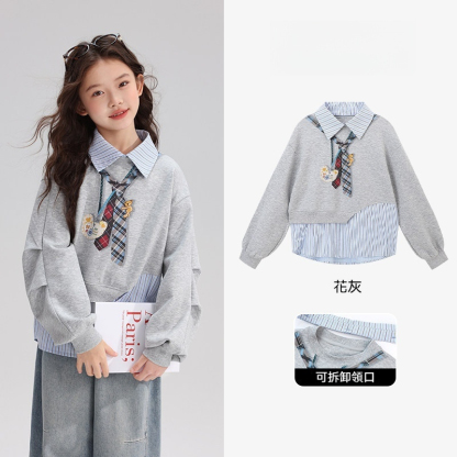 秋裝女童童裝上衣2026秋季新款兒童學院風印花假兩件衛衣