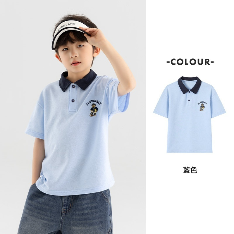 兒童夏季小熊刺繡休閒POLO衫男童短袖T恤中大童學院上衣