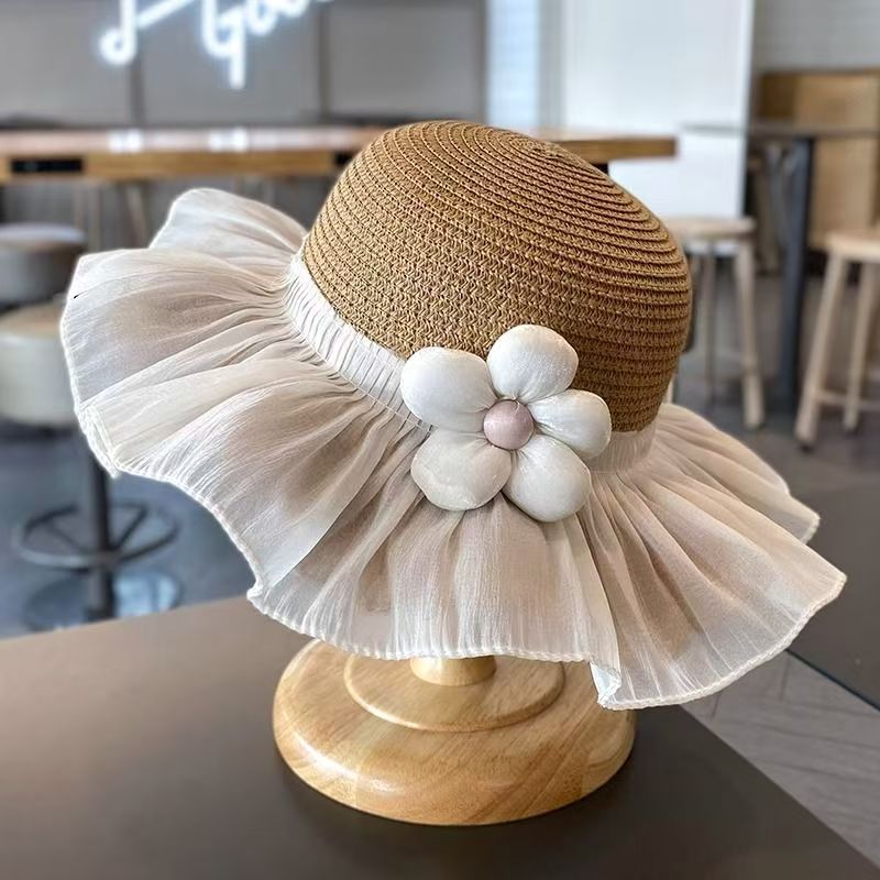 夏季可愛兒童戶外遮陽草帽紐扣花裝潢帽子可折疊編織透氣太陽帽
