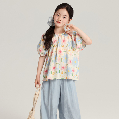 童裝上衣女童棉鹽系泡泡袖小衫襯衫2026新款兒童碎花圓領短袖