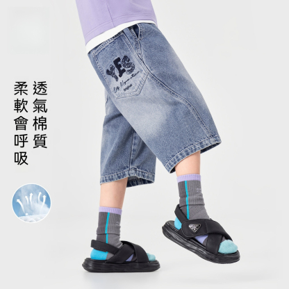 男童水洗牛仔褲夏季帥氣刺繡休閒褲兒童透氣休閒六分褲