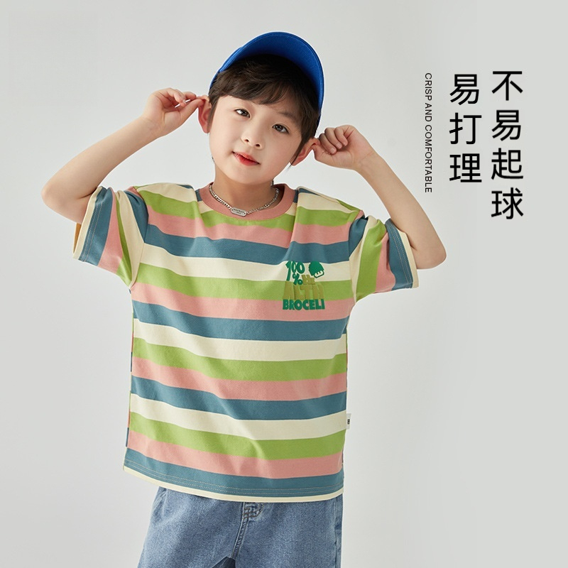 男童糖果T恤夏季童裝發泡印花短袖兒童綿軟休閒上衣條紋衫