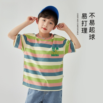 男童糖果T恤夏季童裝發泡印花短袖兒童綿軟休閒上衣條紋衫