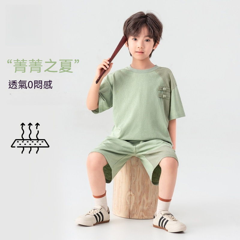 兒童夏季新中式國風盤扣圓領休閒短袖短褲男童兩件套