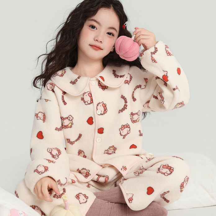 兒童雲朵絨可愛家居服套裝慵懶風加絨加厚女童秋冬睡衣