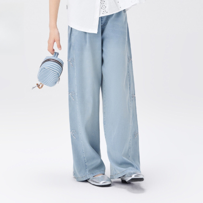 女童凉感天絲牛仔褲夏季薄款2026新款兒童洋氣甜美蝴蝶結褲子