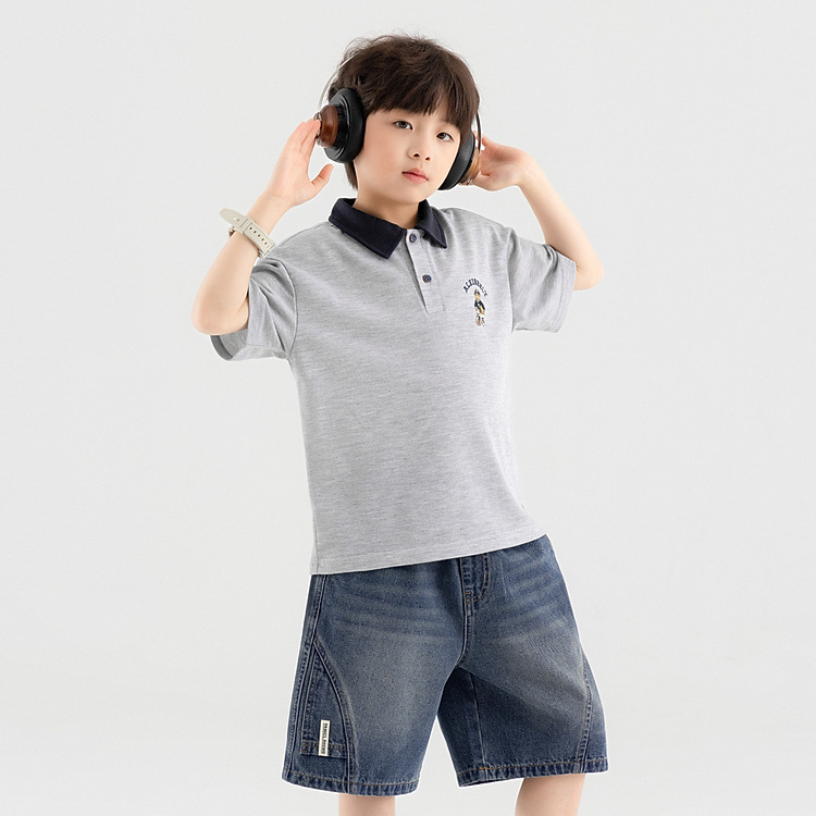 兒童夏季小熊刺繡休閒POLO衫男童短袖T恤中大童學院上衣