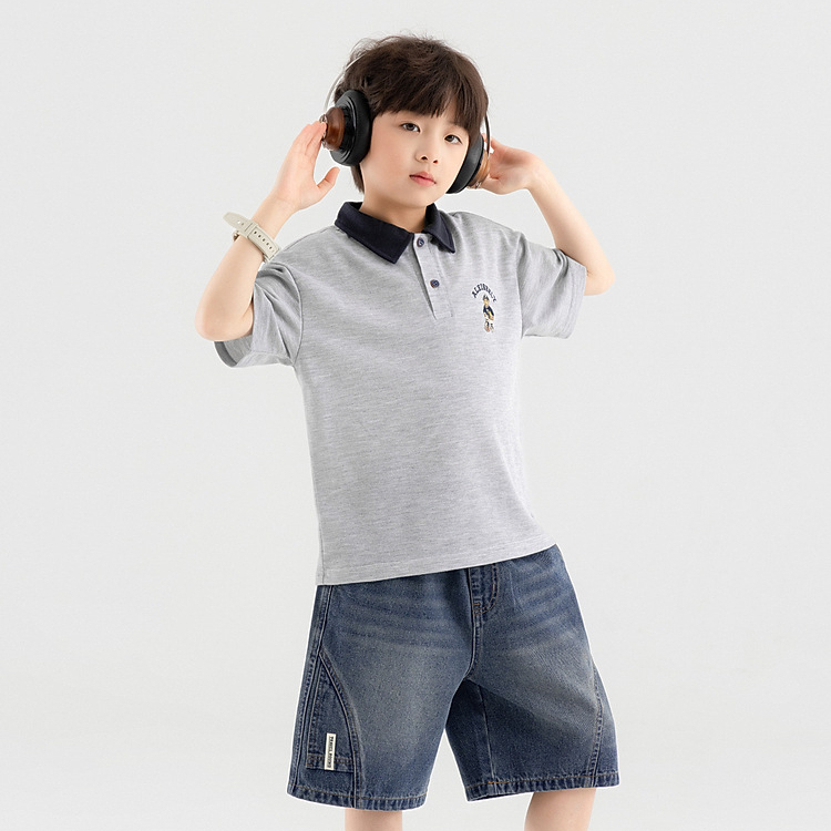 兒童夏季小熊刺繡休閒POLO衫男童短袖T恤中大童學院上衣