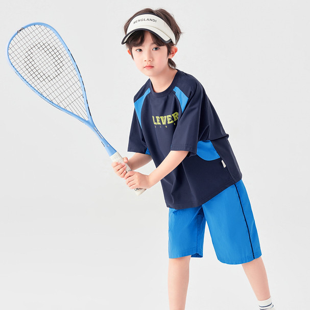 夏季男童運動套裝彈力插肩袖T恤短褲透氣吸汗撞色兩件套