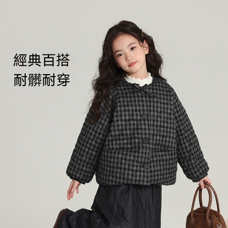 兒童圓領格紋棉衣2026冬季新款深色百搭女童棉服上衣外套