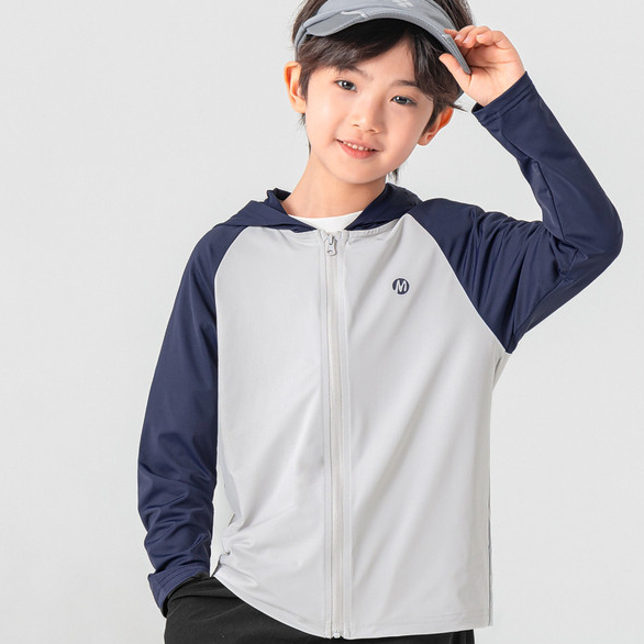 男童夏季彈力防曬服拼色兒童戶外運動中大童連帽遮陽服