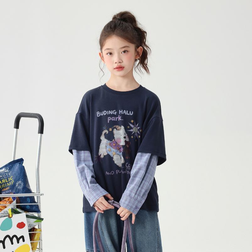 秋裝女童童裝上衣2026秋季新款兒童格紋拼接假兩件t恤