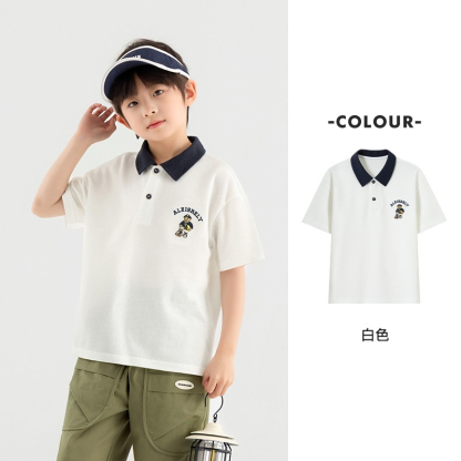 兒童夏季小熊刺繡休閒POLO衫男童短袖T恤中大童學院上衣