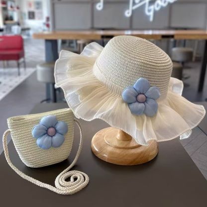夏季可愛兒童戶外遮陽草帽紐扣花裝潢帽子可折疊編織透氣太陽帽