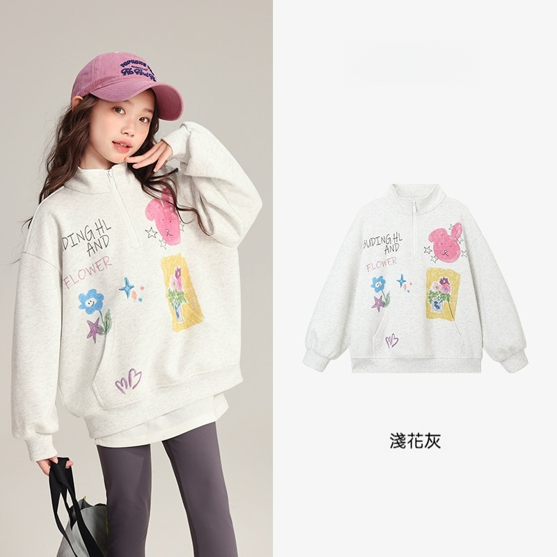 秋裝女童半拉鍊衛衣2026秋季新款兒童甜美卡通衛衣半高領