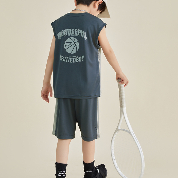 男童背心套裝夏季兒童網眼運動籃球服速乾兩件套