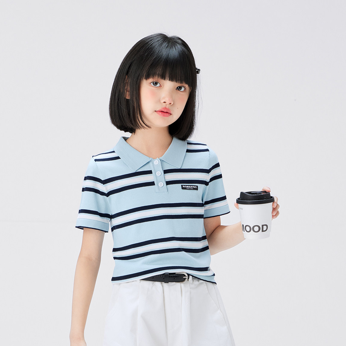 女童條紋短袖t恤兒童polo針織衫2026新款女大童凉感冰絲T