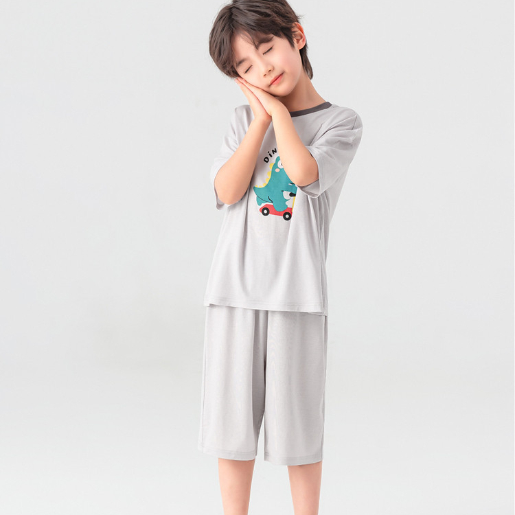 兒童萊賽爾家居服套裝夏季恐龍印花男童短袖睡衣軟兩件套