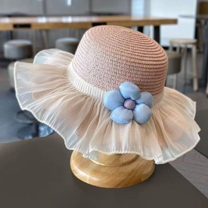 夏季可愛兒童戶外遮陽草帽紐扣花裝潢帽子可折疊編織透氣太陽帽