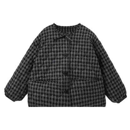 兒童圓領格紋棉衣2026冬季新款深色百搭女童棉服上衣外套