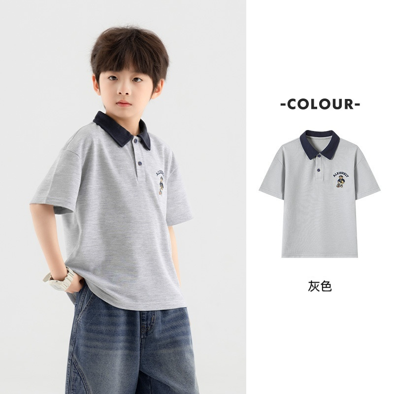 兒童夏季小熊刺繡休閒POLO衫男童短袖T恤中大童學院上衣