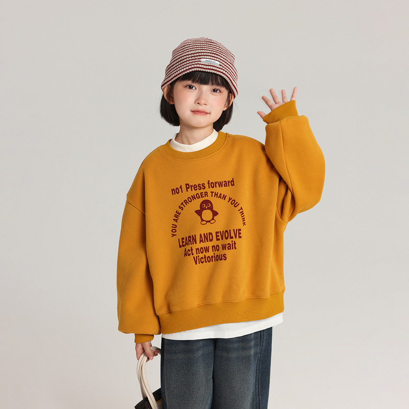 兒童加絨印花圓領衛衣女童2026新款寬鬆上衣休閒套頭衫