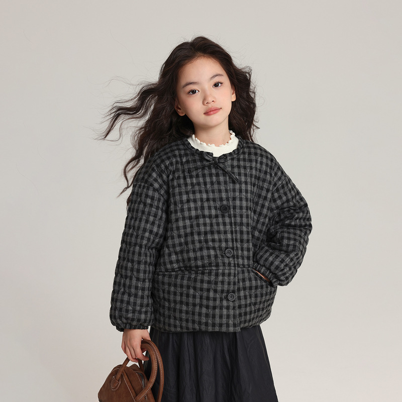 兒童圓領格紋棉衣2026冬季新款深色百搭女童棉服上衣外套