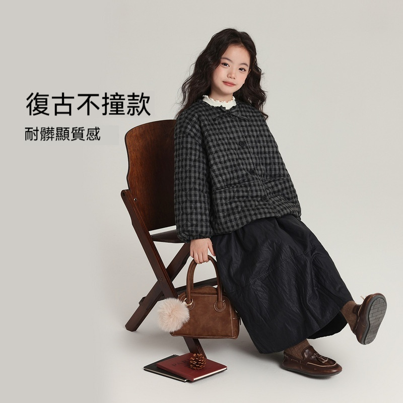 兒童圓領格紋棉衣2026冬季新款深色百搭女童棉服上衣外套