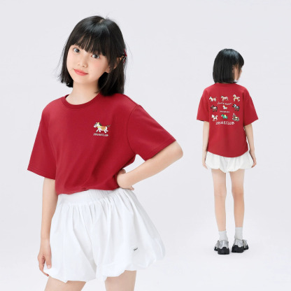 女童紅色T恤短袖兒童本命年夏季2026新款女孩大童上衣