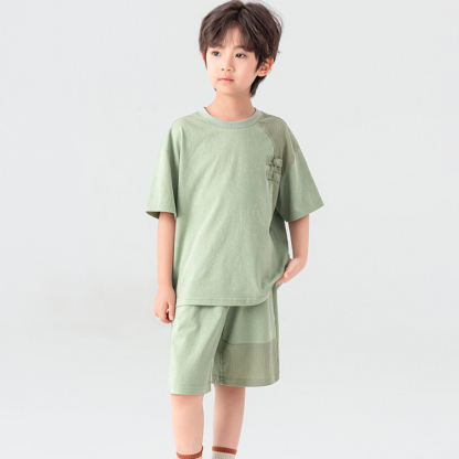 兒童夏季新中式國風盤扣圓領休閒短袖短褲男童兩件套