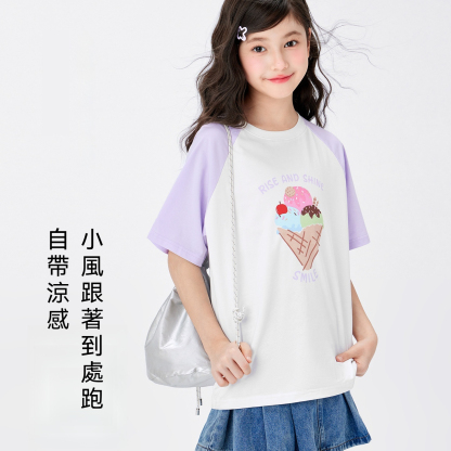 女童短袖T恤霜淇淋兒童撞色夏裝2026新款女孩大童超好看T